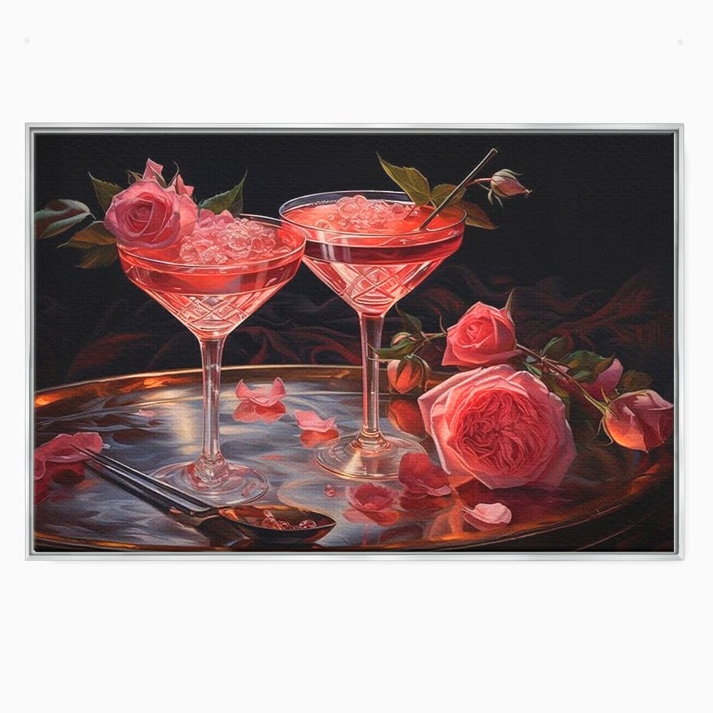Tablou Canvas Premium, LuxCanva® N1004, Elixirul Pasiunii, Cocktail, Pahare, Bautura, Trandafiri, Petale, Romantic, Delicat, Rasfat, Elegant, Lounge, Bar, Restaurant, Bucatarie
