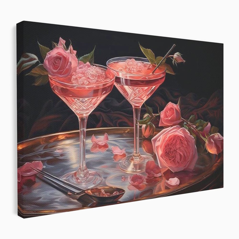 Tablou Canvas Premium, LuxCanva® N1004, Elixirul Pasiunii, Cocktail, Pahare, Bautura, Trandafiri, Petale, Romantic, Delicat, Rasfat, Elegant, Lounge, Bar, Restaurant, Bucatarie