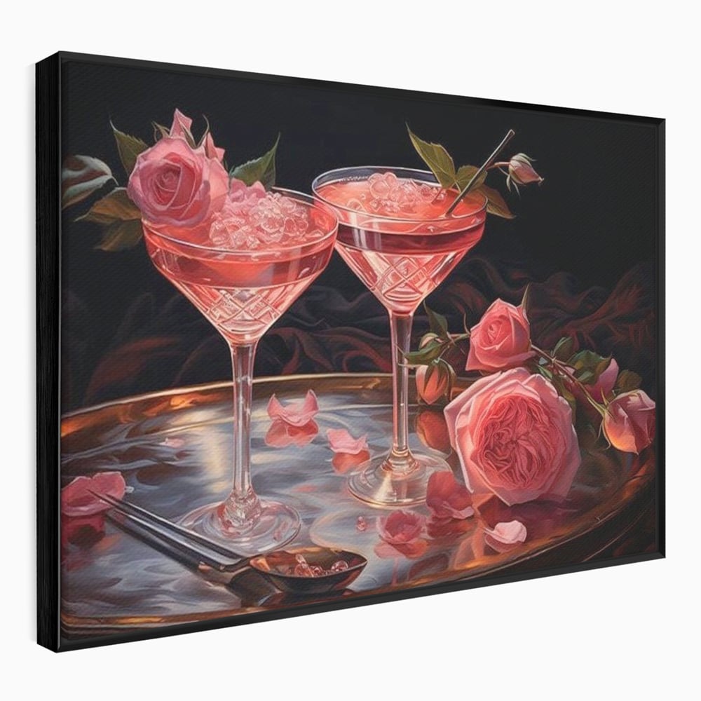 Tablou Canvas Premium, LuxCanva® N1004, Elixirul Pasiunii, Cocktail, Pahare, Bautura, Trandafiri, Petale, Romantic, Delicat, Rasfat, Elegant, Lounge, Bar, Restaurant, Bucatarie