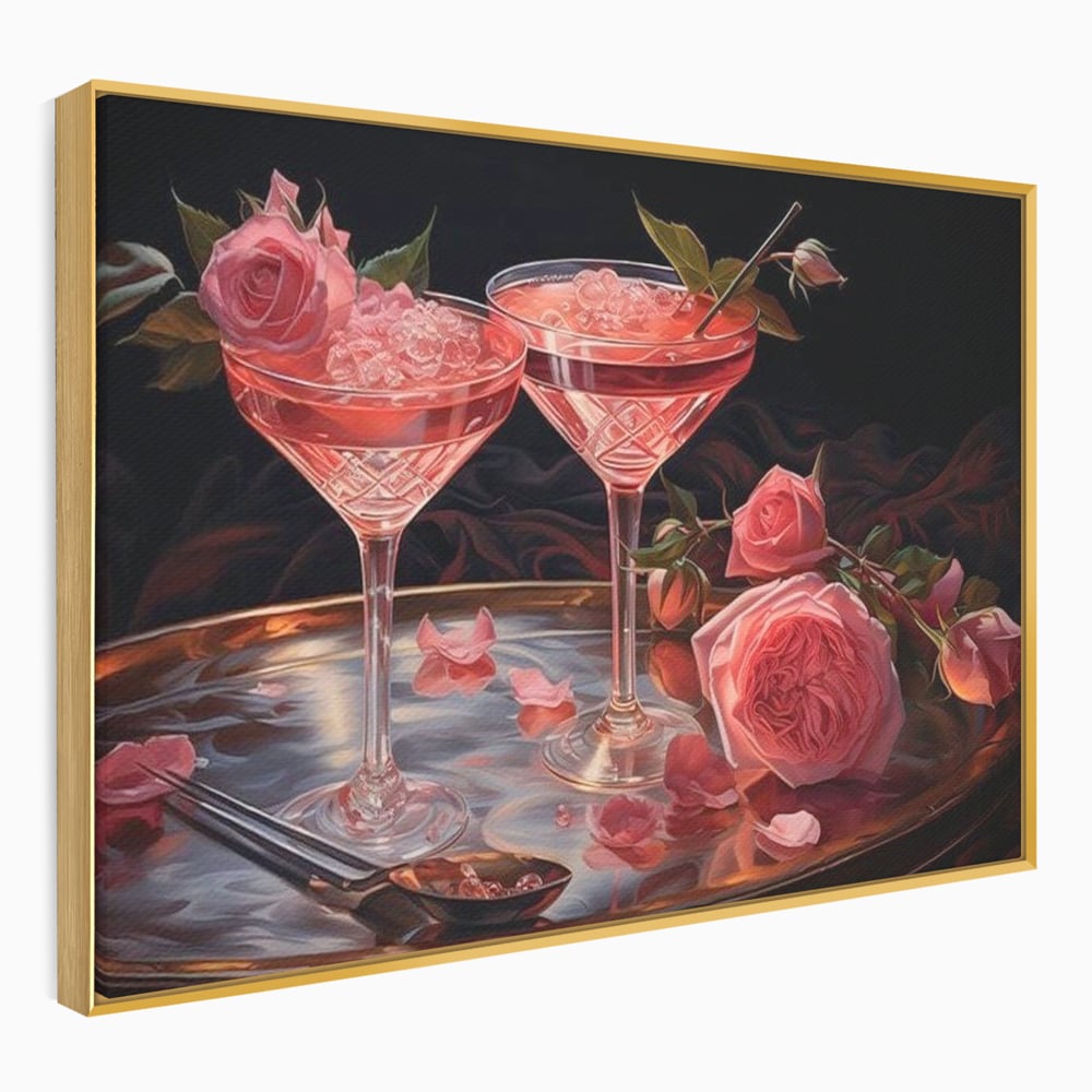 Tablou Canvas Premium, LuxCanva® N1004, Elixirul Pasiunii, Cocktail, Pahare, Bautura, Trandafiri, Petale, Romantic, Delicat, Rasfat, Elegant, Lounge, Bar, Restaurant, Bucatarie