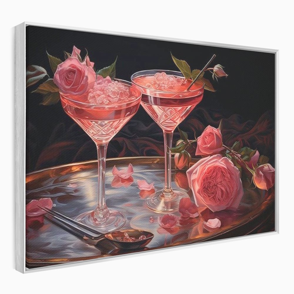 Tablou Canvas Premium, LuxCanva® N1004, Elixirul Pasiunii, Cocktail, Pahare, Bautura, Trandafiri, Petale, Romantic, Delicat, Rasfat, Elegant, Lounge, Bar, Restaurant, Bucatarie