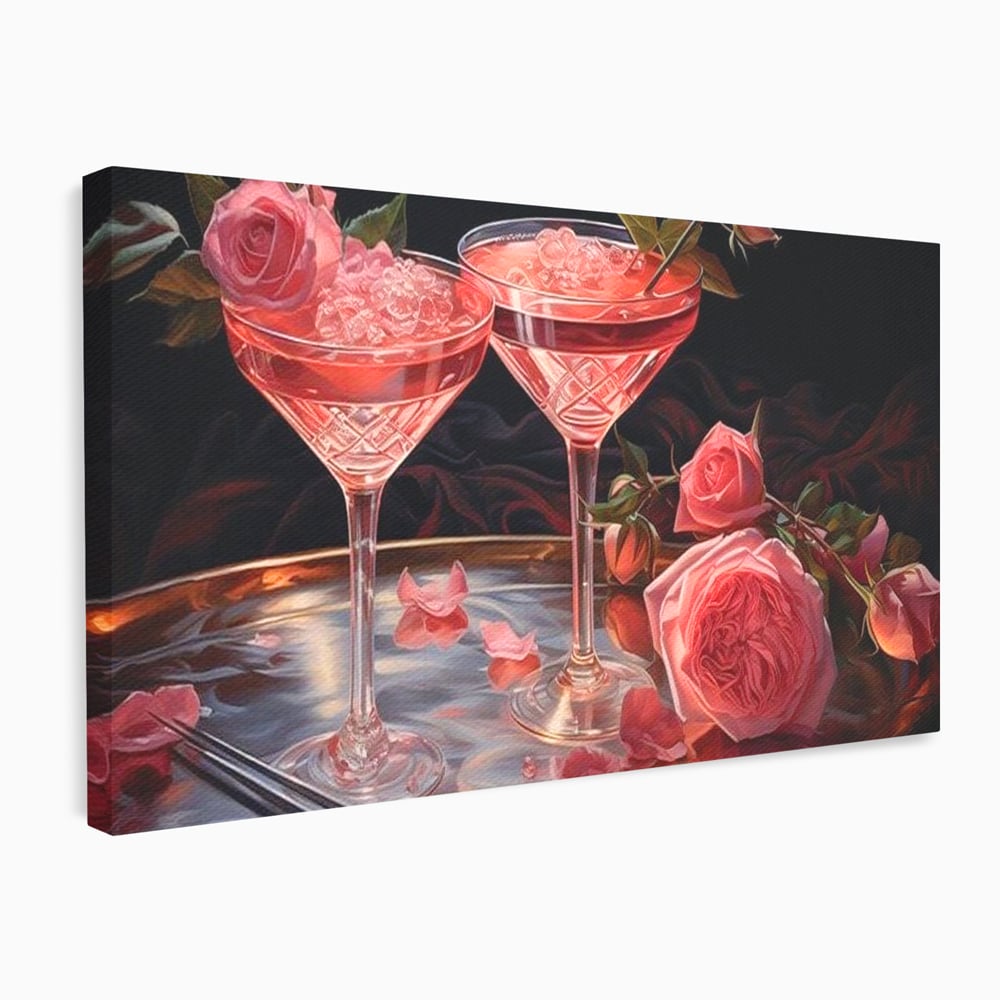 Tablou Canvas Premium, LuxCanva® N1004, Elixirul Pasiunii, Cocktail, Pahare, Bautura, Trandafiri, Petale, Romantic, Delicat, Rasfat, Elegant, Lounge, Bar, Restaurant, Bucatarie