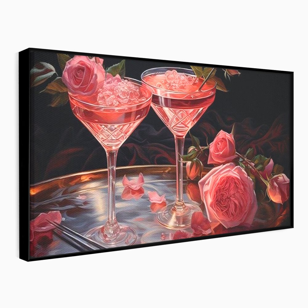 Tablou Canvas Premium, LuxCanva® N1004, Elixirul Pasiunii, Cocktail, Pahare, Bautura, Trandafiri, Petale, Romantic, Delicat, Rasfat, Elegant, Lounge, Bar, Restaurant, Bucatarie