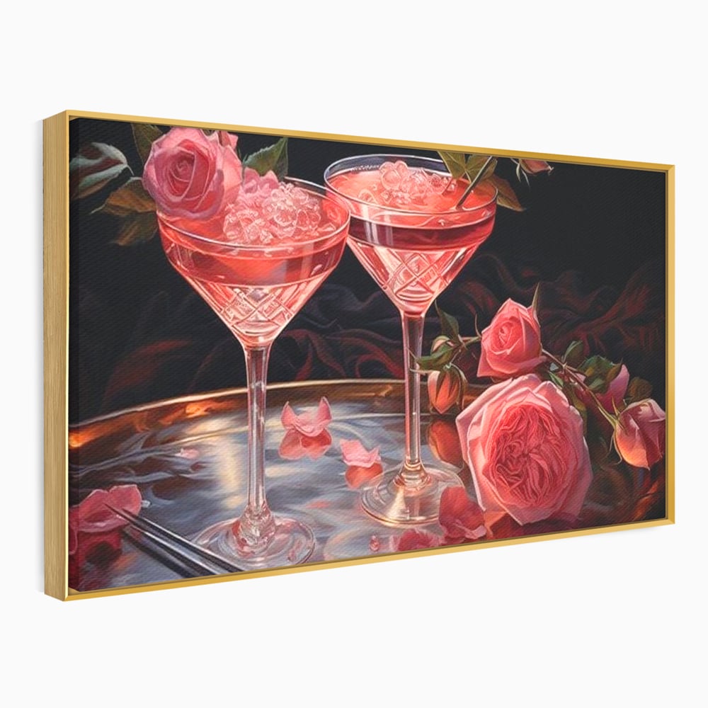 Tablou Canvas Premium, LuxCanva® N1004, Elixirul Pasiunii, Cocktail, Pahare, Bautura, Trandafiri, Petale, Romantic, Delicat, Rasfat, Elegant, Lounge, Bar, Restaurant, Bucatarie