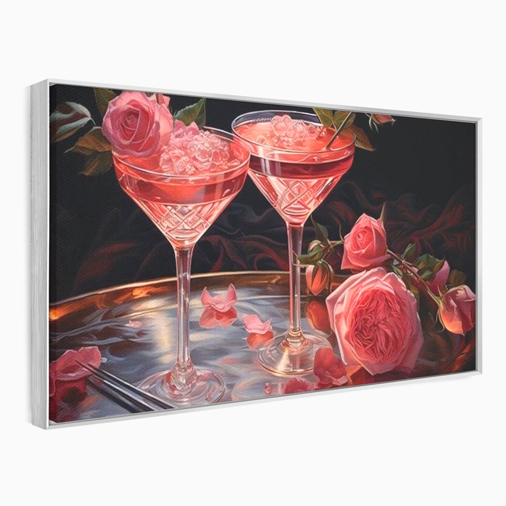 Tablou Canvas Premium, LuxCanva® N1004, Elixirul Pasiunii, Cocktail, Pahare, Bautura, Trandafiri, Petale, Romantic, Delicat, Rasfat, Elegant, Lounge, Bar, Restaurant, Bucatarie