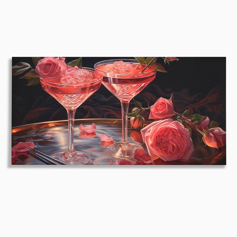 Tablou Canvas Premium, LuxCanva® N1004, Elixirul Pasiunii, Cocktail, Pahare, Bautura, Trandafiri, Petale, Romantic, Delicat, Rasfat, Elegant, Lounge, Bar, Restaurant, Bucatarie