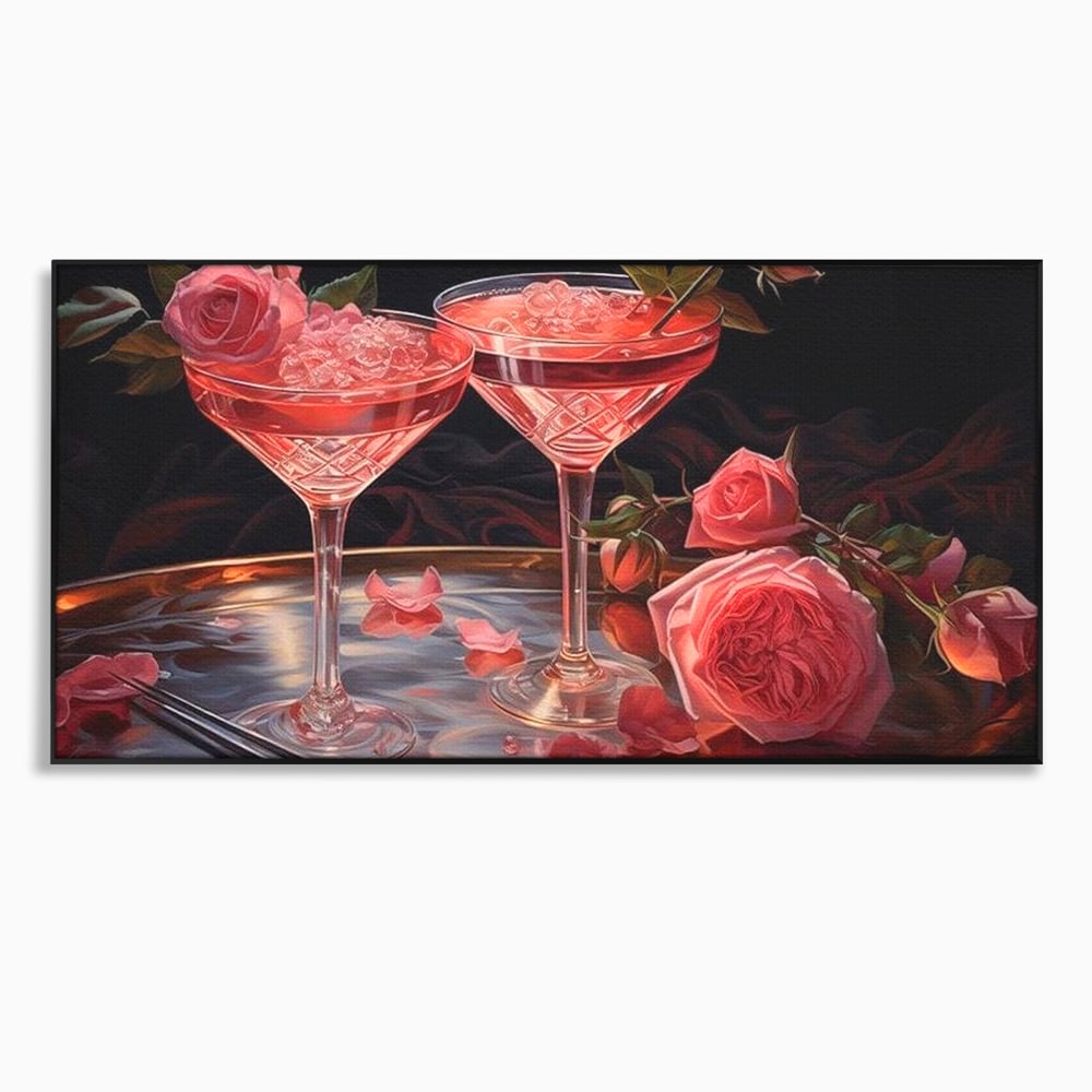 Tablou Canvas Premium, LuxCanva® N1004, Elixirul Pasiunii, Cocktail, Pahare, Bautura, Trandafiri, Petale, Romantic, Delicat, Rasfat, Elegant, Lounge, Bar, Restaurant, Bucatarie