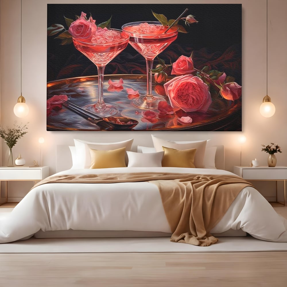 Tablou Canvas Premium, LuxCanva® N1004, Elixirul Pasiunii, Cocktail, Pahare, Bautura, Trandafiri, Petale, Romantic, Delicat, Rasfat, Elegant, Lounge, Bar, Restaurant, Bucatarie