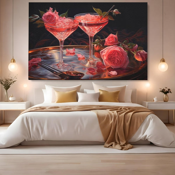 Tablou Canvas Premium, LuxCanva® N1004, Elixirul Pasiunii, Cocktail, Pahare, Bautura, Trandafiri, Petale, Romantic, Delicat, Rasfat, Elegant, Lounge, Bar, Restaurant, Bucatarie