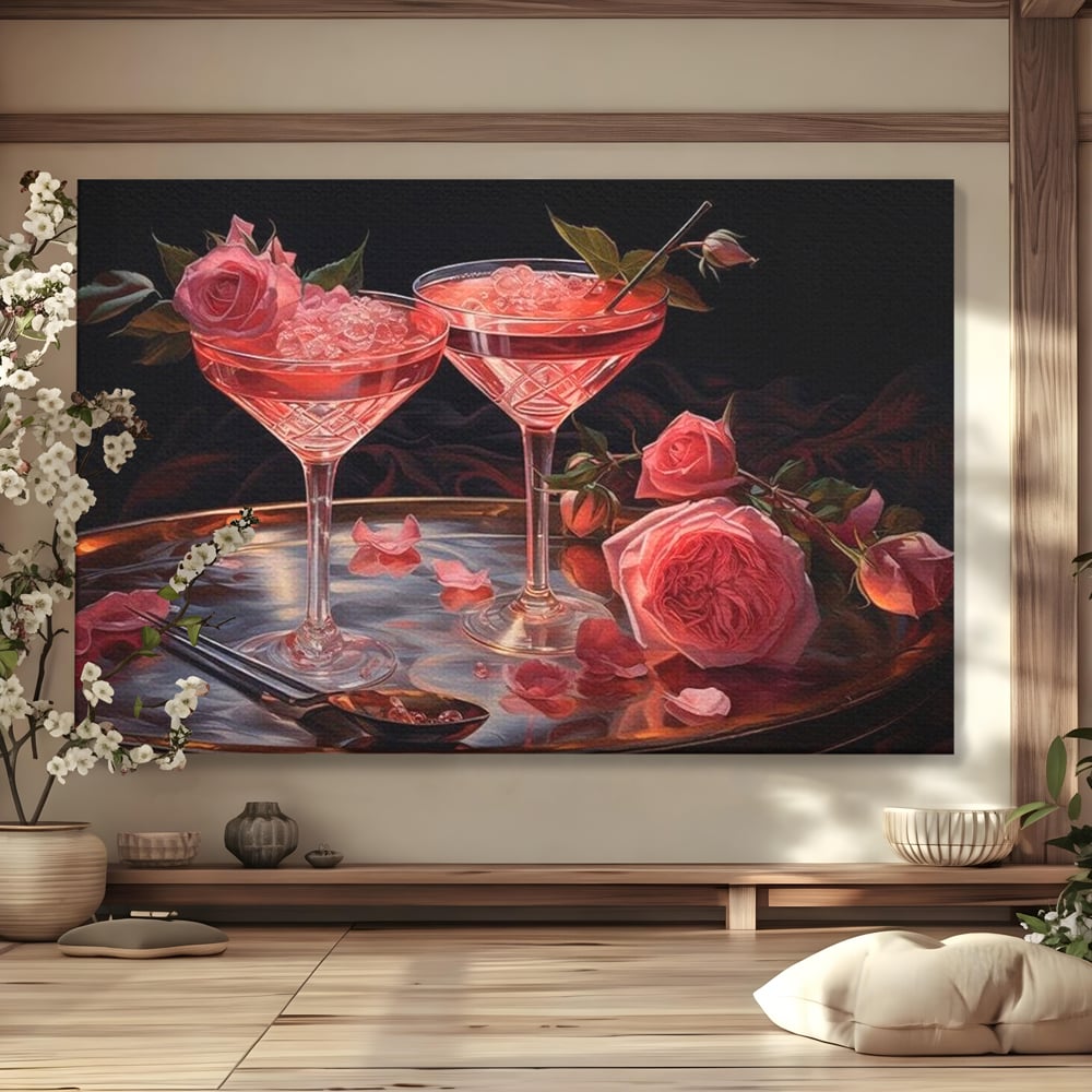 Tablou Canvas Premium, LuxCanva® N1004, Elixirul Pasiunii, Cocktail, Pahare, Bautura, Trandafiri, Petale, Romantic, Delicat, Rasfat, Elegant, Lounge, Bar, Restaurant, Bucatarie
