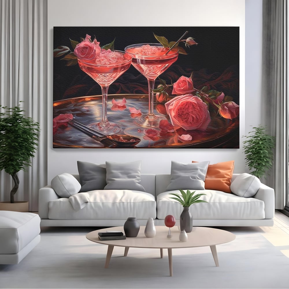 Tablou Canvas Premium, LuxCanva® N1004, Elixirul Pasiunii, Cocktail, Pahare, Bautura, Trandafiri, Petale, Romantic, Delicat, Rasfat, Elegant, Lounge, Bar, Restaurant, Bucatarie