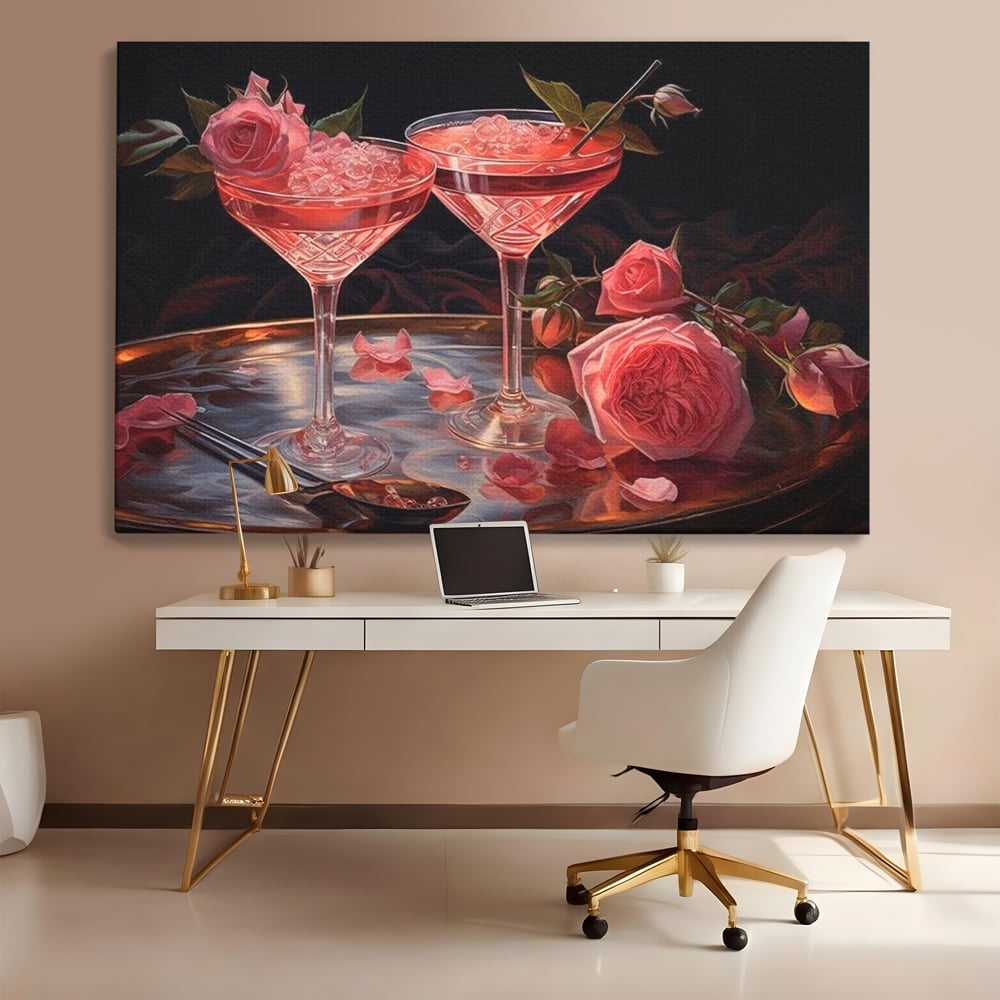 Tablou Canvas Premium, LuxCanva® N1004, Elixirul Pasiunii, Cocktail, Pahare, Bautura, Trandafiri, Petale, Romantic, Delicat, Rasfat, Elegant, Lounge, Bar, Restaurant, Bucatarie
