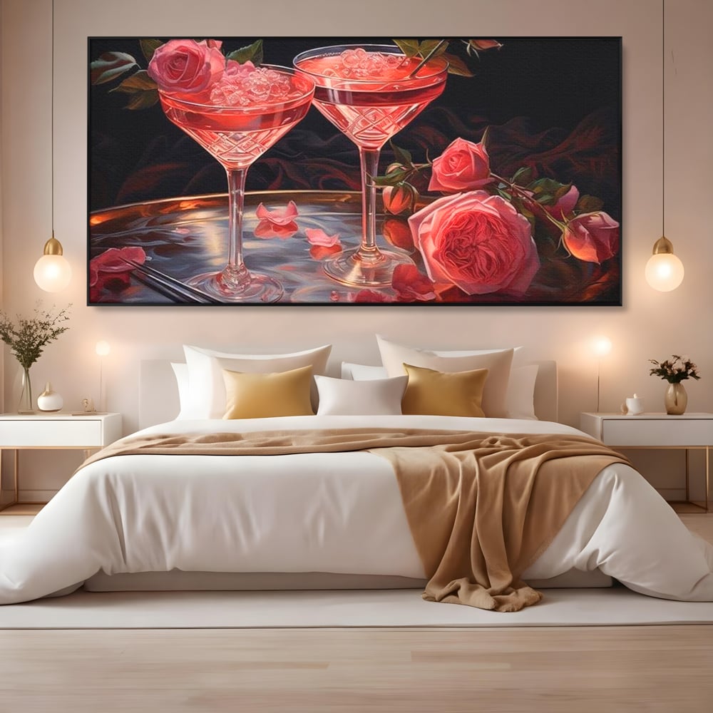Tablou Canvas Premium, LuxCanva® N1004, Elixirul Pasiunii, Cocktail, Pahare, Bautura, Trandafiri, Petale, Romantic, Delicat, Rasfat, Elegant, Lounge, Bar, Restaurant, Bucatarie
