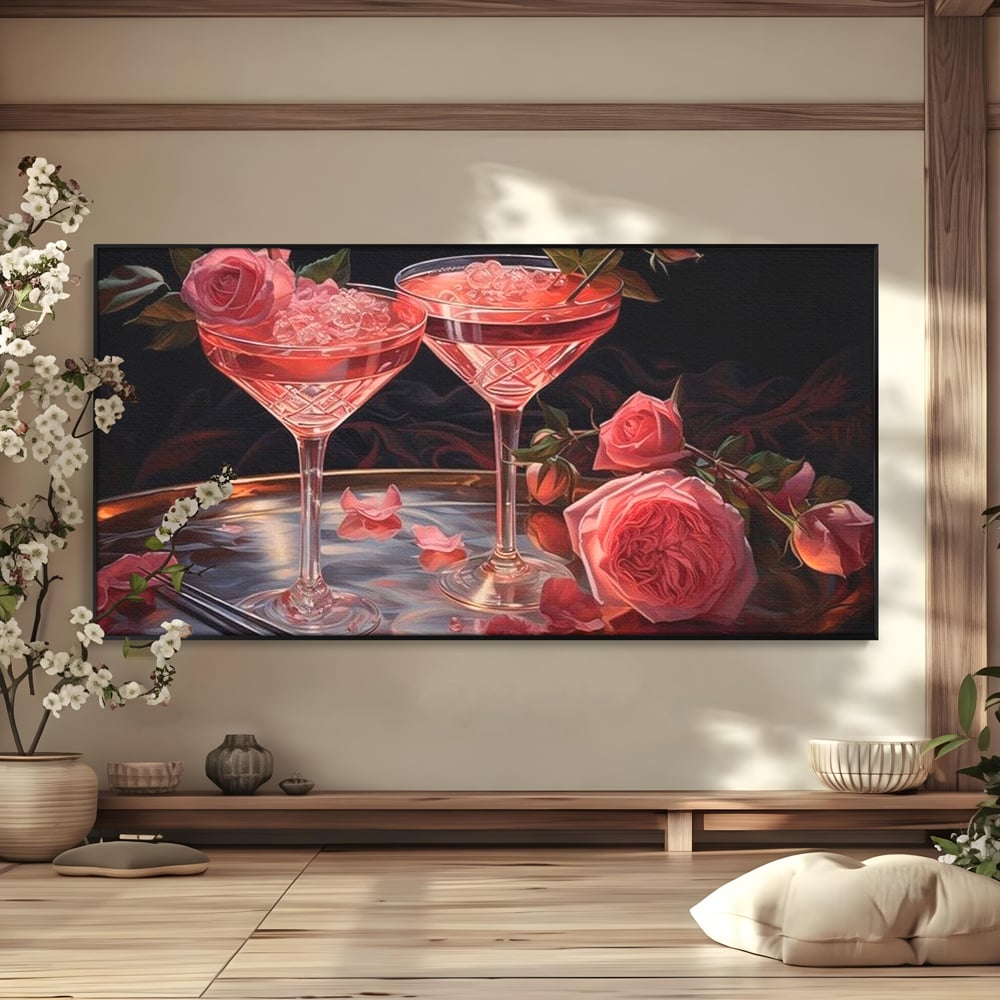 Tablou Canvas Premium, LuxCanva® N1004, Elixirul Pasiunii, Cocktail, Pahare, Bautura, Trandafiri, Petale, Romantic, Delicat, Rasfat, Elegant, Lounge, Bar, Restaurant, Bucatarie