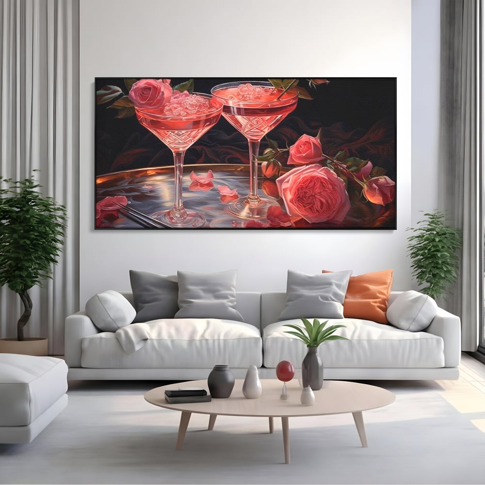 Tablou Canvas Premium, LuxCanva® N1004, Elixirul Pasiunii, Cocktail, Pahare, Bautura, Trandafiri, Petale, Romantic, Delicat, Rasfat, Elegant, Lounge, Bar, Restaurant, Bucatarie
