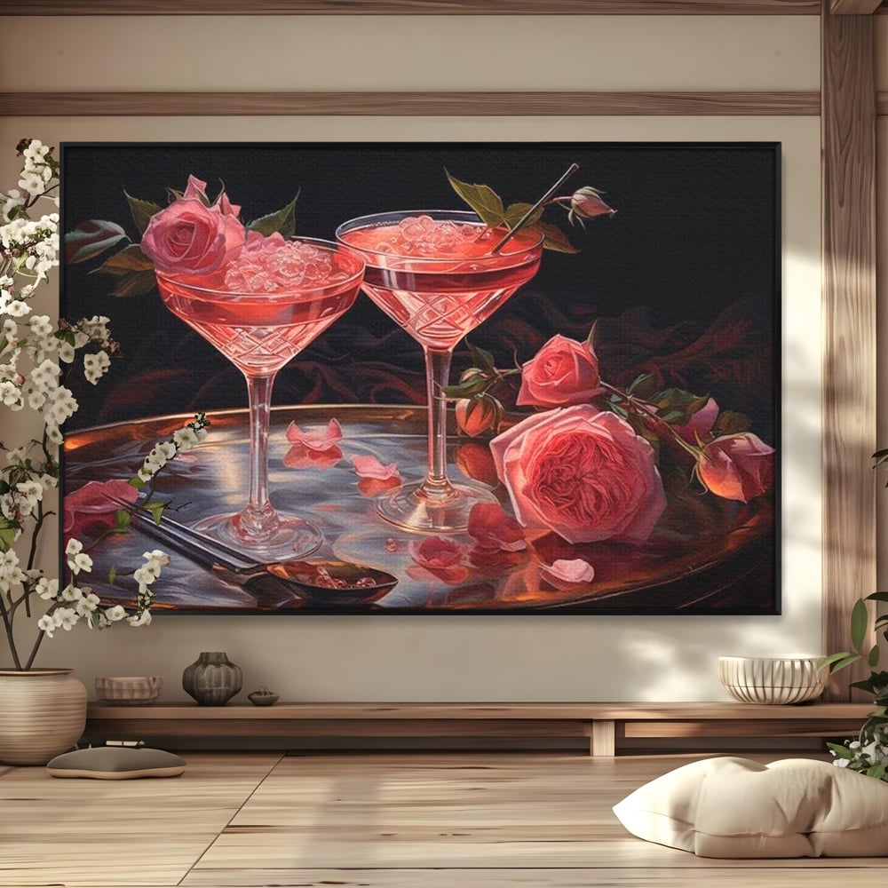 Tablou Canvas Premium, LuxCanva® N1004, Elixirul Pasiunii, Cocktail, Pahare, Bautura, Trandafiri, Petale, Romantic, Delicat, Rasfat, Elegant, Lounge, Bar, Restaurant, Bucatarie