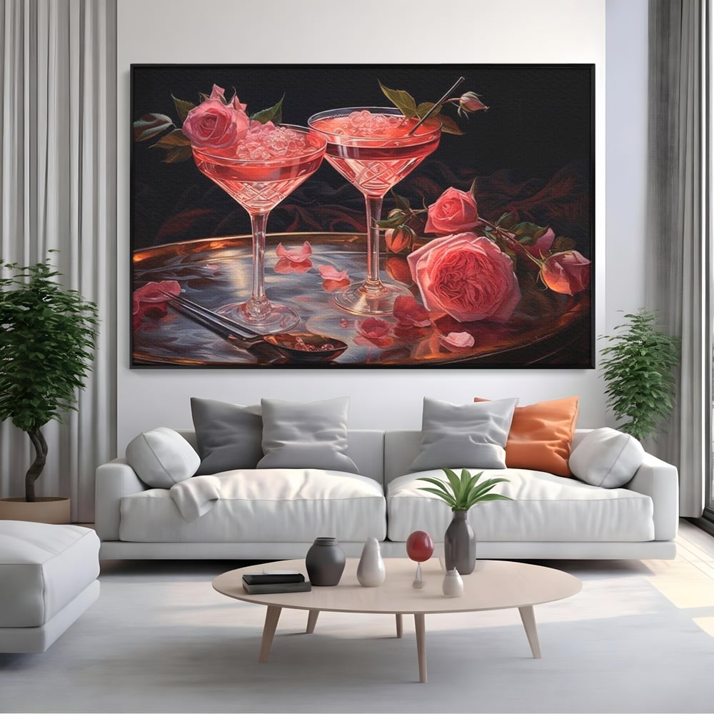 Tablou Canvas Premium, LuxCanva® N1004, Elixirul Pasiunii, Cocktail, Pahare, Bautura, Trandafiri, Petale, Romantic, Delicat, Rasfat, Elegant, Lounge, Bar, Restaurant, Bucatarie