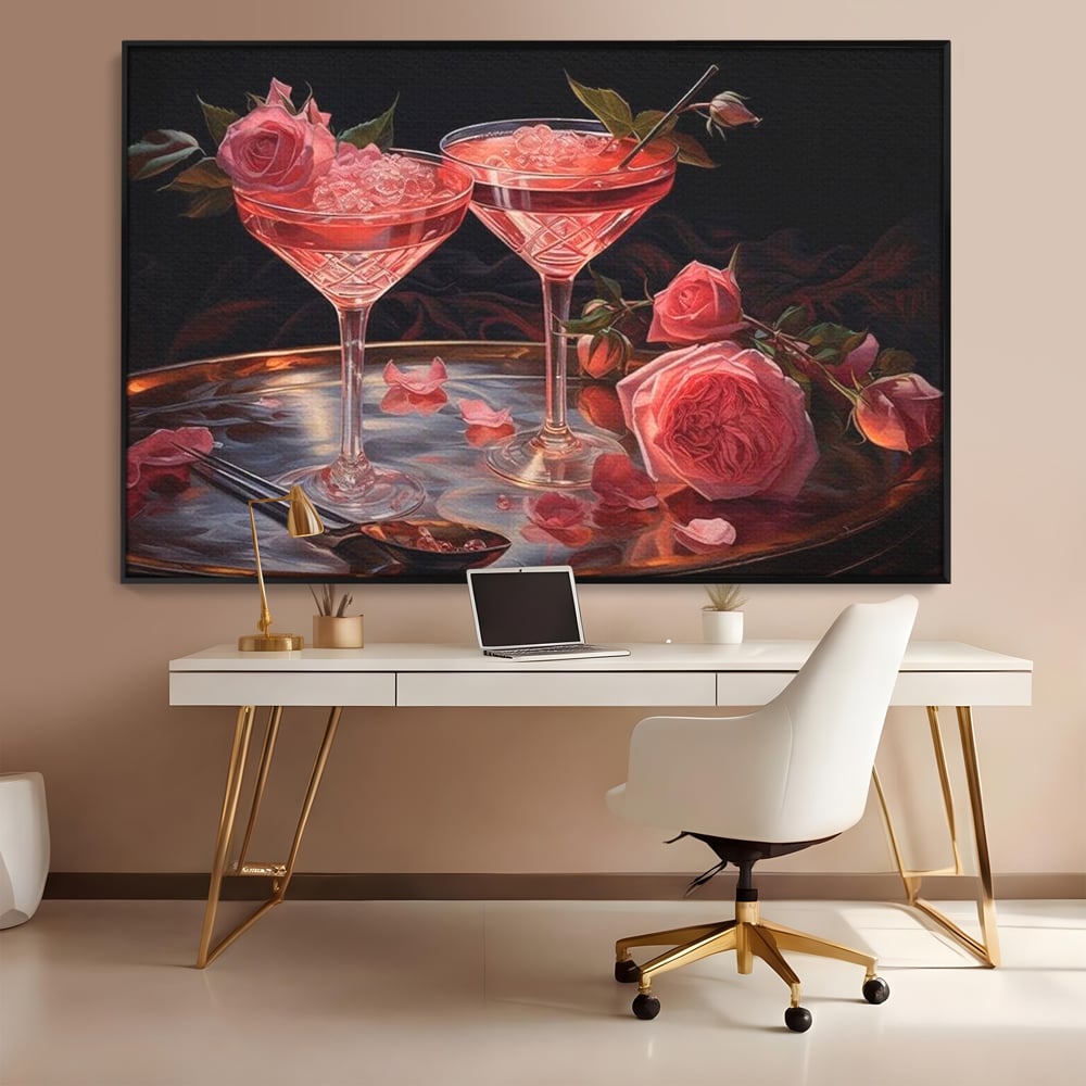 Tablou Canvas Premium, LuxCanva® N1004, Elixirul Pasiunii, Cocktail, Pahare, Bautura, Trandafiri, Petale, Romantic, Delicat, Rasfat, Elegant, Lounge, Bar, Restaurant, Bucatarie