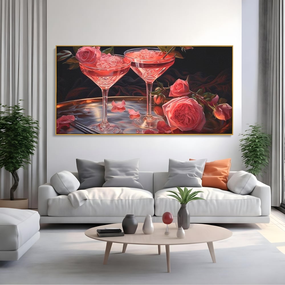 Tablou Canvas Premium, LuxCanva® N1004, Elixirul Pasiunii, Cocktail, Pahare, Bautura, Trandafiri, Petale, Romantic, Delicat, Rasfat, Elegant, Lounge, Bar, Restaurant, Bucatarie