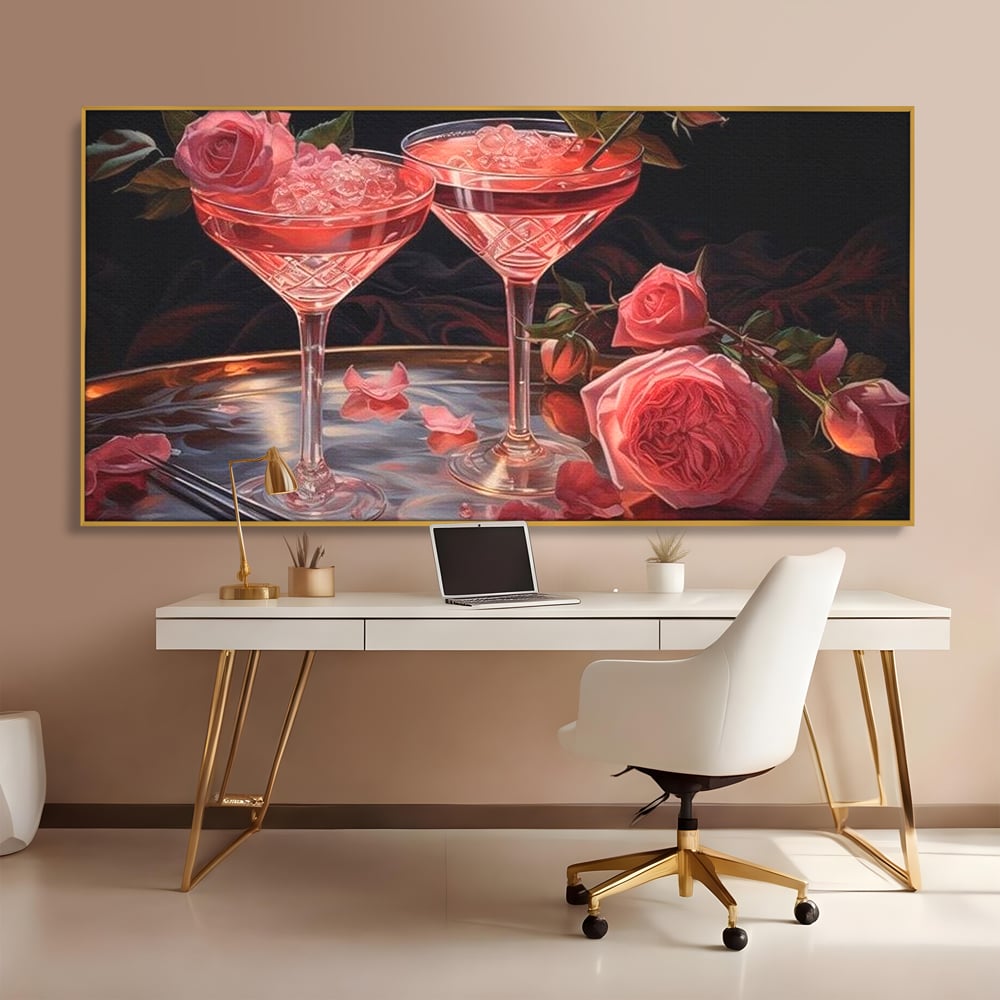 Tablou Canvas Premium, LuxCanva® N1004, Elixirul Pasiunii, Cocktail, Pahare, Bautura, Trandafiri, Petale, Romantic, Delicat, Rasfat, Elegant, Lounge, Bar, Restaurant, Bucatarie