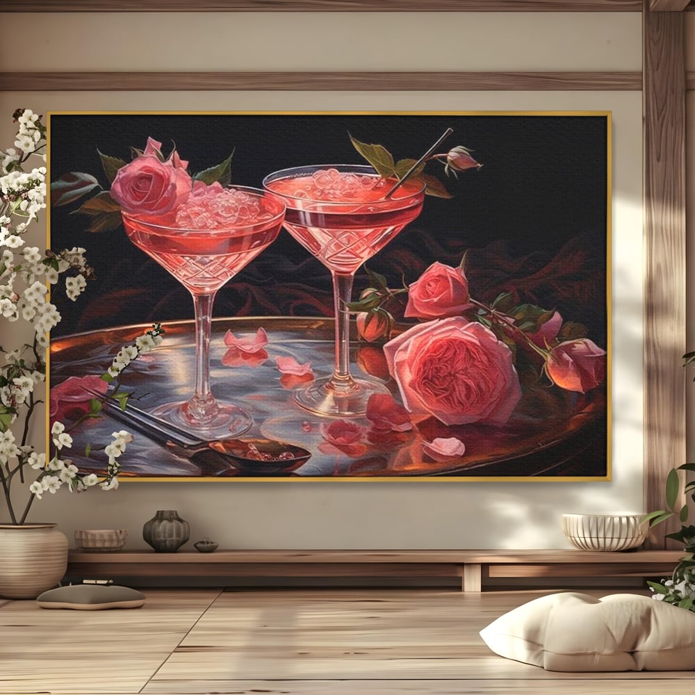 Tablou Canvas Premium, LuxCanva® N1004, Elixirul Pasiunii, Cocktail, Pahare, Bautura, Trandafiri, Petale, Romantic, Delicat, Rasfat, Elegant, Lounge, Bar, Restaurant, Bucatarie