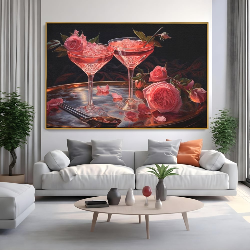 Tablou Canvas Premium, LuxCanva® N1004, Elixirul Pasiunii, Cocktail, Pahare, Bautura, Trandafiri, Petale, Romantic, Delicat, Rasfat, Elegant, Lounge, Bar, Restaurant, Bucatarie