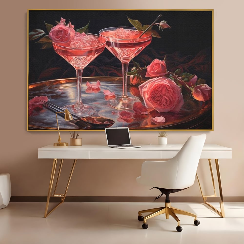 Tablou Canvas Premium, LuxCanva® N1004, Elixirul Pasiunii, Cocktail, Pahare, Bautura, Trandafiri, Petale, Romantic, Delicat, Rasfat, Elegant, Lounge, Bar, Restaurant, Bucatarie