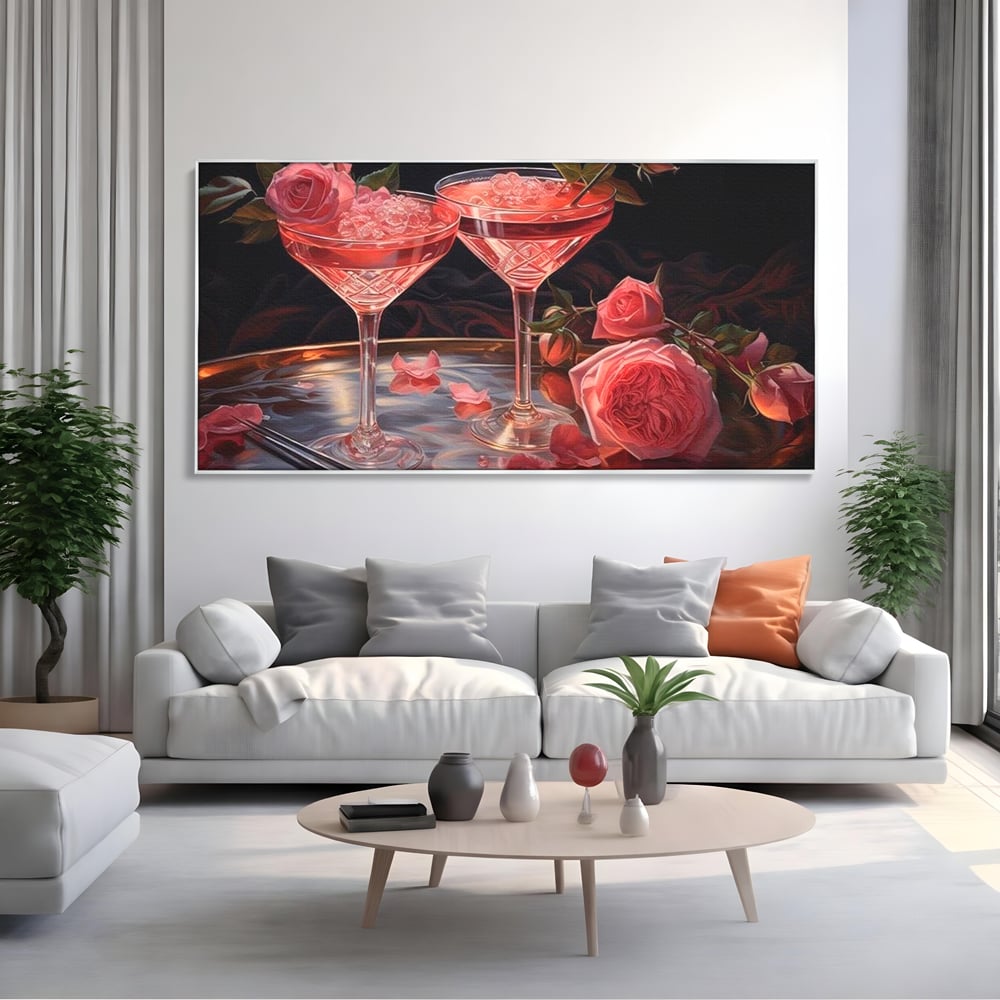 Tablou Canvas Premium, LuxCanva® N1004, Elixirul Pasiunii, Cocktail, Pahare, Bautura, Trandafiri, Petale, Romantic, Delicat, Rasfat, Elegant, Lounge, Bar, Restaurant, Bucatarie