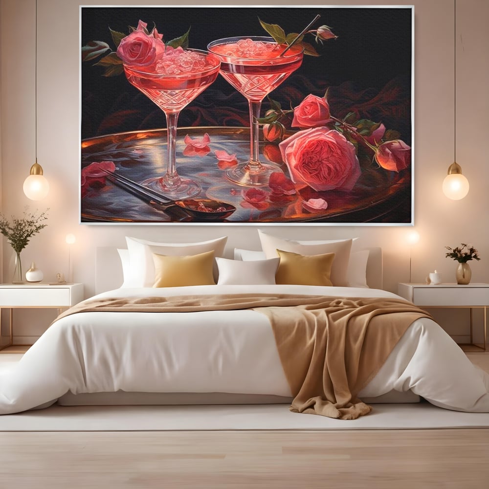 Tablou Canvas Premium, LuxCanva® N1004, Elixirul Pasiunii, Cocktail, Pahare, Bautura, Trandafiri, Petale, Romantic, Delicat, Rasfat, Elegant, Lounge, Bar, Restaurant, Bucatarie