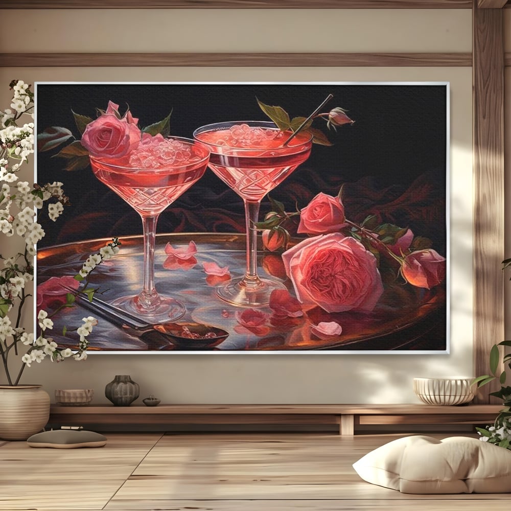 Tablou Canvas Premium, LuxCanva® N1004, Elixirul Pasiunii, Cocktail, Pahare, Bautura, Trandafiri, Petale, Romantic, Delicat, Rasfat, Elegant, Lounge, Bar, Restaurant, Bucatarie