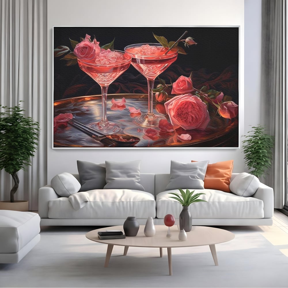 Tablou Canvas Premium, LuxCanva® N1004, Elixirul Pasiunii, Cocktail, Pahare, Bautura, Trandafiri, Petale, Romantic, Delicat, Rasfat, Elegant, Lounge, Bar, Restaurant, Bucatarie