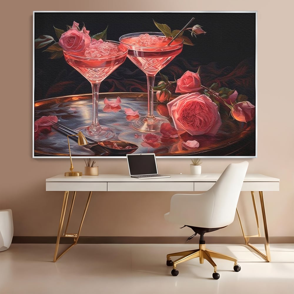 Tablou Canvas Premium, LuxCanva® N1004, Elixirul Pasiunii, Cocktail, Pahare, Bautura, Trandafiri, Petale, Romantic, Delicat, Rasfat, Elegant, Lounge, Bar, Restaurant, Bucatarie