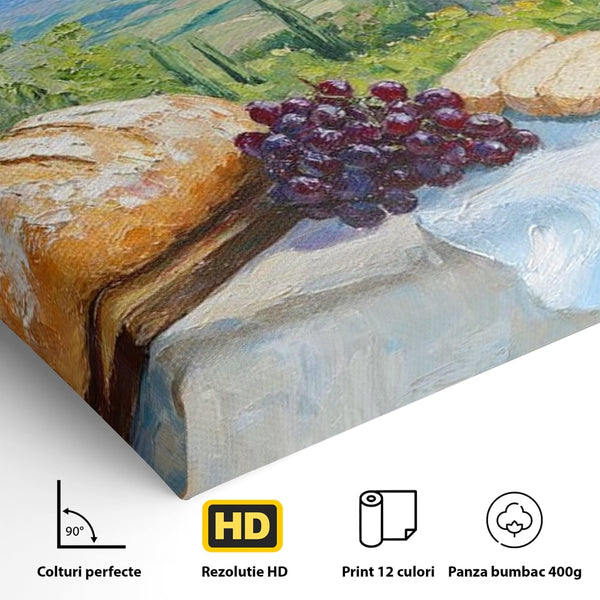 Tablou Canvas Premium, LuxCanva® N1005, Traditie si Gust, Rustic, Struguri, Paine, Vin Rosu, Sticla, Priveliste, Natura, Traditional, Mancare, Restaurant, Bucatarie