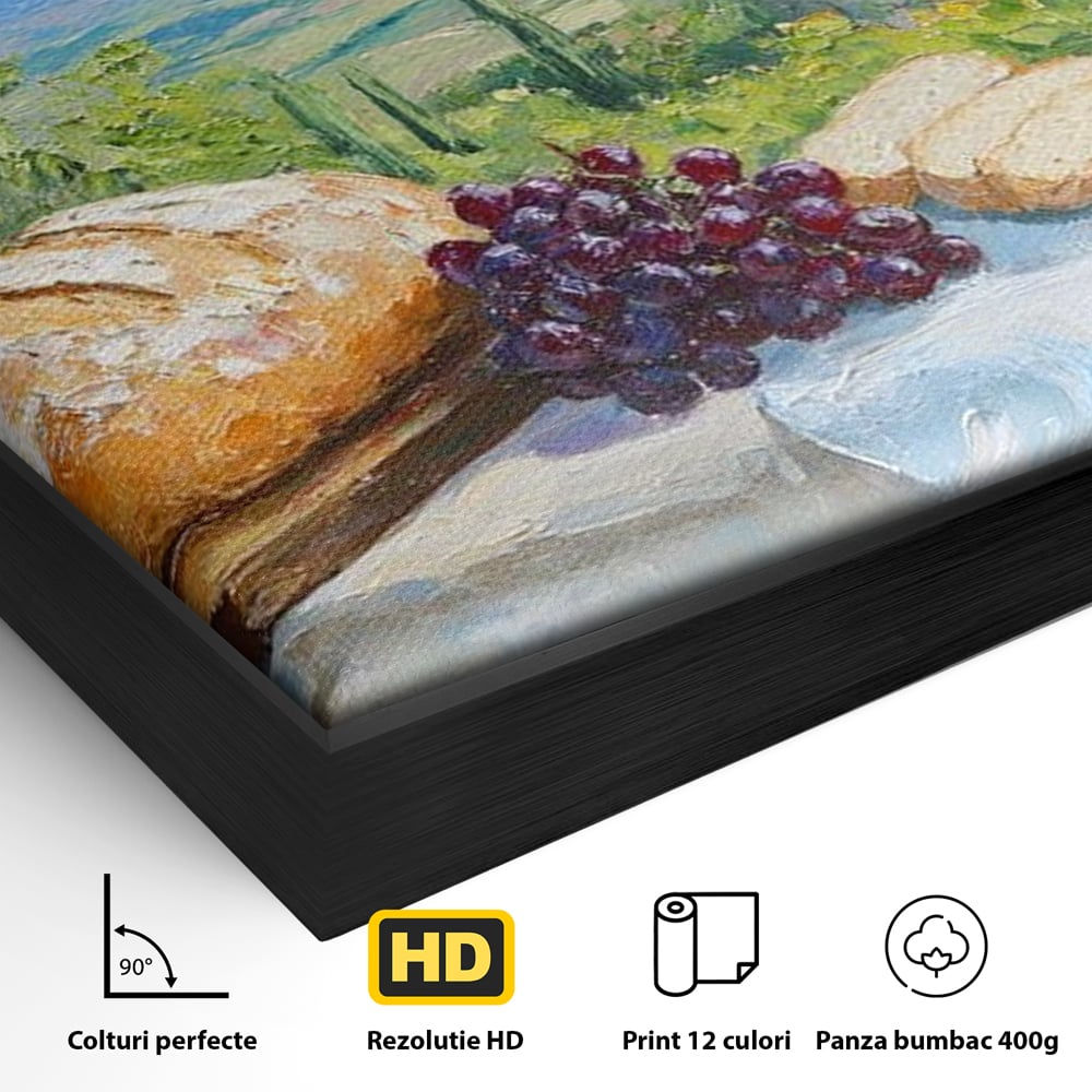 Tablou Canvas Premium, LuxCanva® N1005, Traditie si Gust, Rustic, Struguri, Paine, Vin Rosu, Sticla, Priveliste, Natura, Traditional, Mancare, Restaurant, Bucatarie