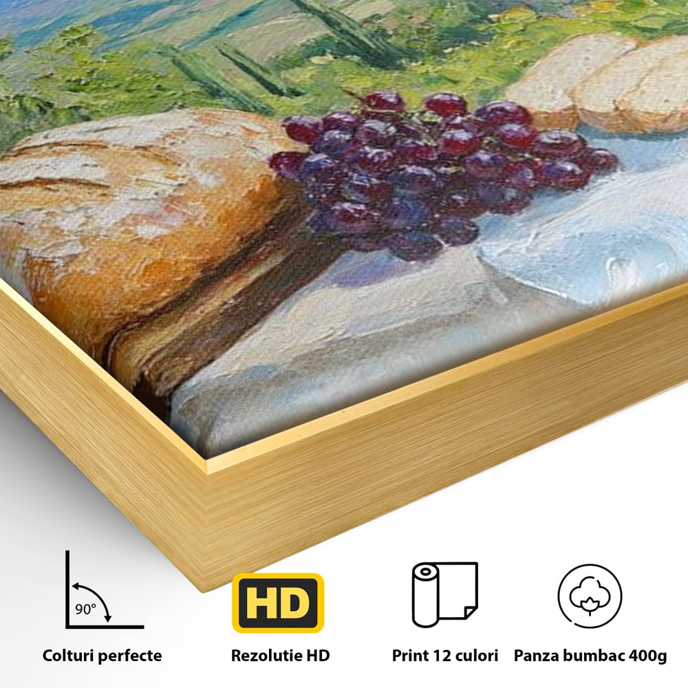 Tablou Canvas Premium, LuxCanva® N1005, Traditie si Gust, Rustic, Struguri, Paine, Vin Rosu, Sticla, Priveliste, Natura, Traditional, Mancare, Restaurant, Bucatarie