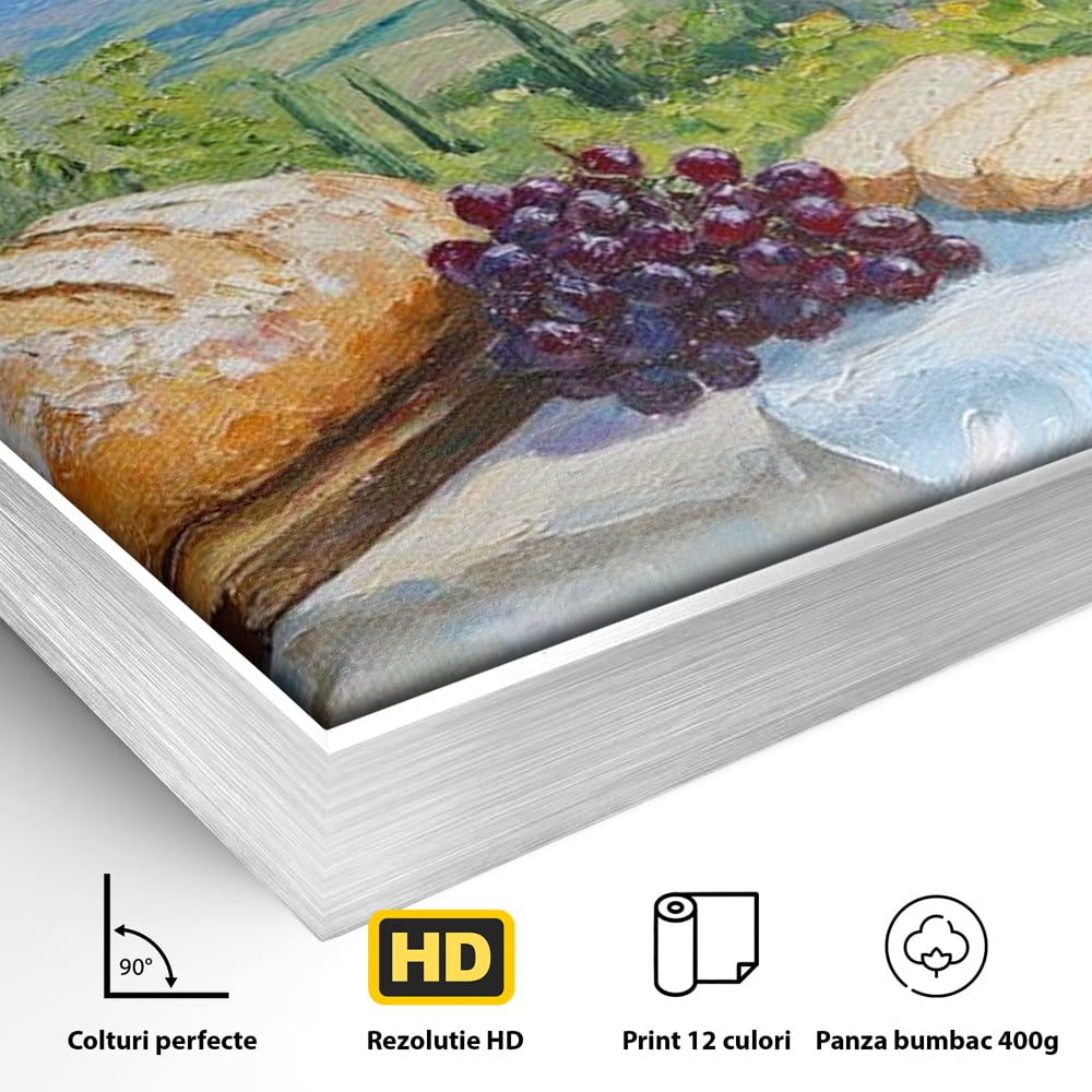 Tablou Canvas Premium, LuxCanva® N1005, Traditie si Gust, Rustic, Struguri, Paine, Vin Rosu, Sticla, Priveliste, Natura, Traditional, Mancare, Restaurant, Bucatarie