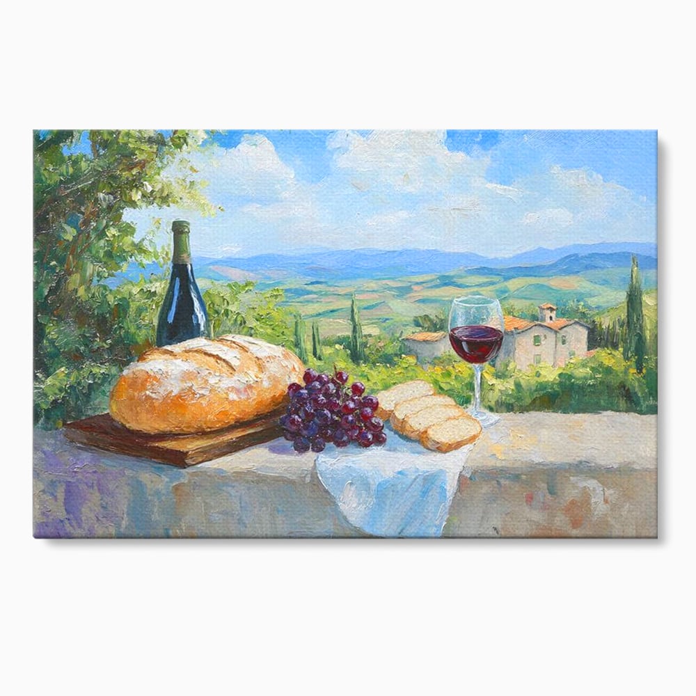 Tablou Canvas Premium, LuxCanva® N1005, Traditie si Gust, Rustic, Struguri, Paine, Vin Rosu, Sticla, Priveliste, Natura, Traditional, Mancare, Restaurant, Bucatarie