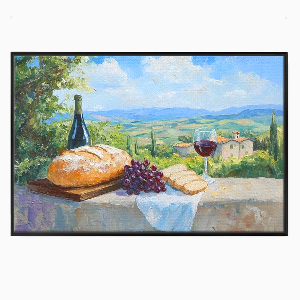 Tablou Canvas Premium, LuxCanva® N1005, Traditie si Gust, Rustic, Struguri, Paine, Vin Rosu, Sticla, Priveliste, Natura, Traditional, Mancare, Restaurant, Bucatarie