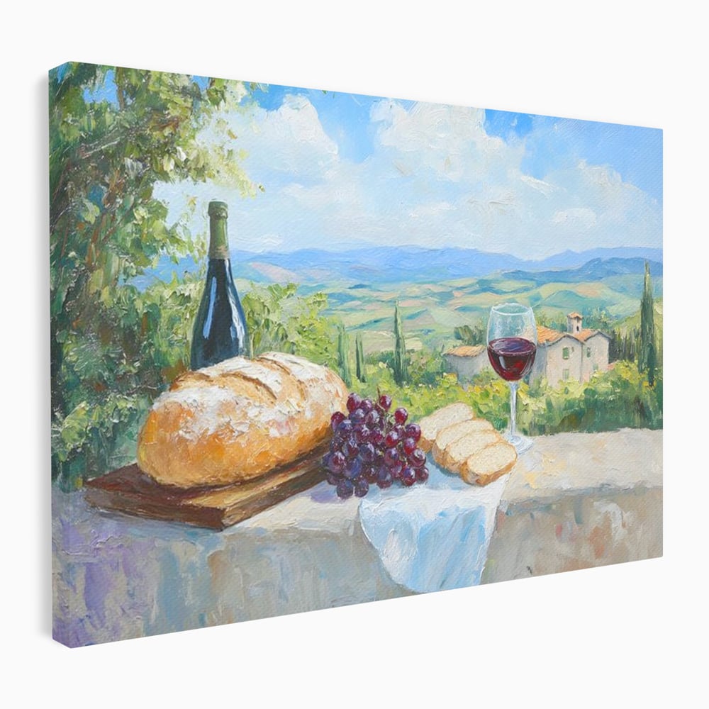 Tablou Canvas Premium, LuxCanva® N1005, Traditie si Gust, Rustic, Struguri, Paine, Vin Rosu, Sticla, Priveliste, Natura, Traditional, Mancare, Restaurant, Bucatarie