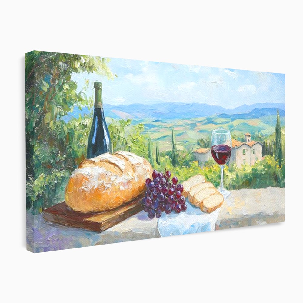 Tablou Canvas Premium, LuxCanva® N1005, Traditie si Gust, Rustic, Struguri, Paine, Vin Rosu, Sticla, Priveliste, Natura, Traditional, Mancare, Restaurant, Bucatarie