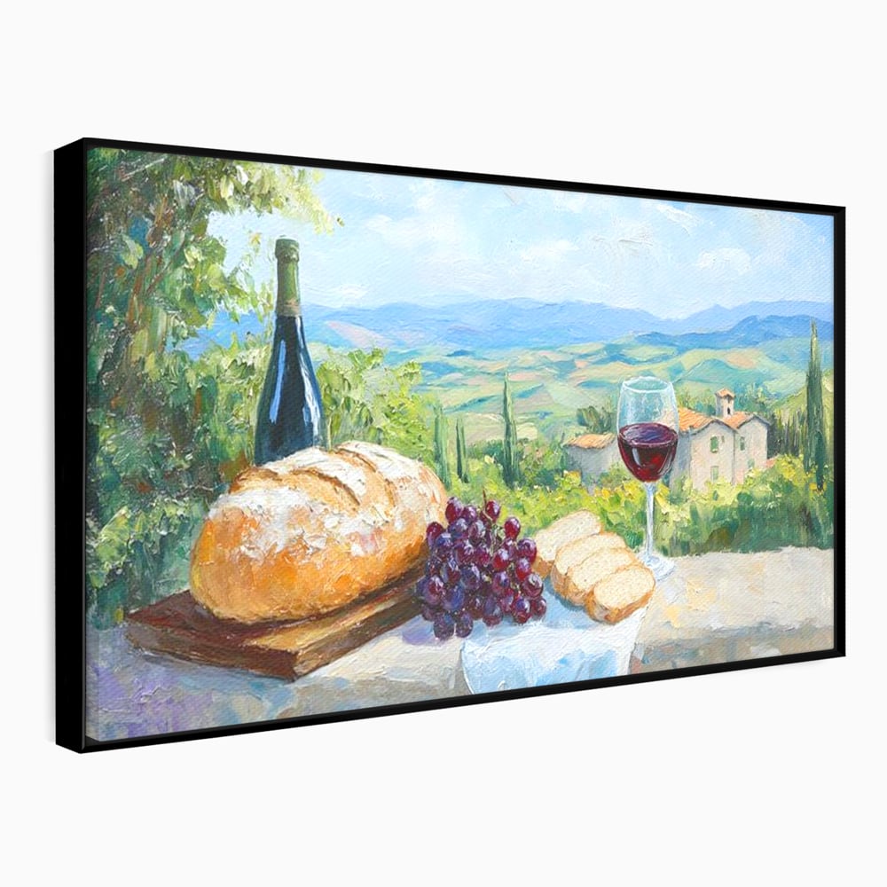 Tablou Canvas Premium, LuxCanva® N1005, Traditie si Gust, Rustic, Struguri, Paine, Vin Rosu, Sticla, Priveliste, Natura, Traditional, Mancare, Restaurant, Bucatarie