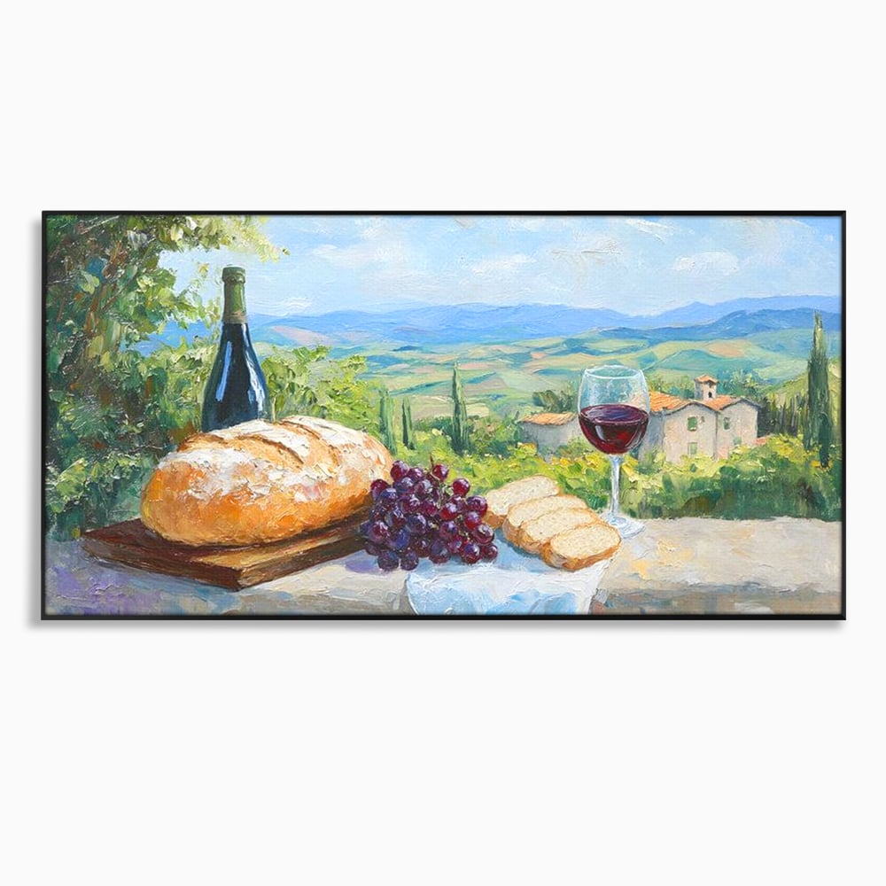 Tablou Canvas Premium, LuxCanva® N1005, Traditie si Gust, Rustic, Struguri, Paine, Vin Rosu, Sticla, Priveliste, Natura, Traditional, Mancare, Restaurant, Bucatarie