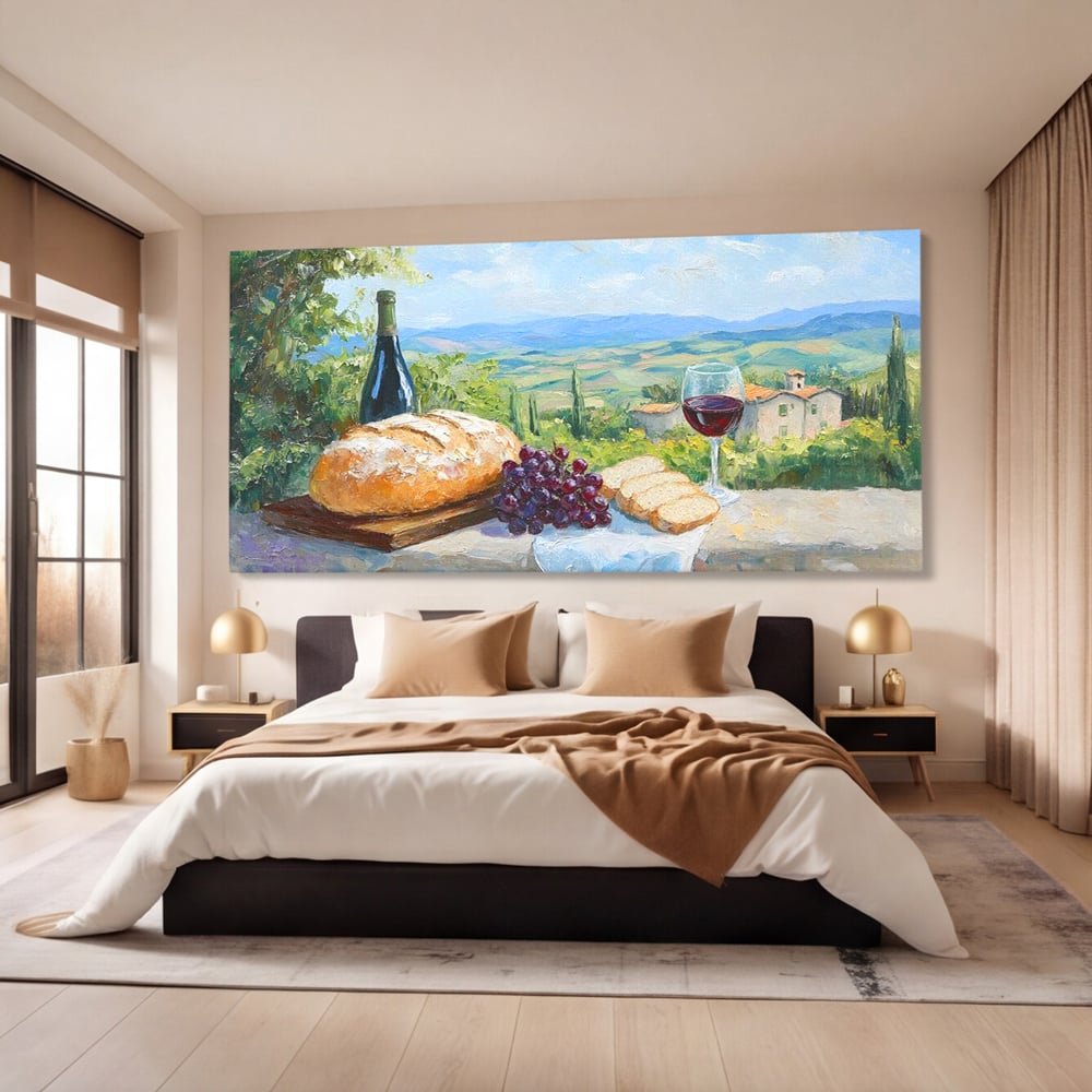 Tablou Canvas Premium, LuxCanva® N1005, Traditie si Gust, Rustic, Struguri, Paine, Vin Rosu, Sticla, Priveliste, Natura, Traditional, Mancare, Restaurant, Bucatarie