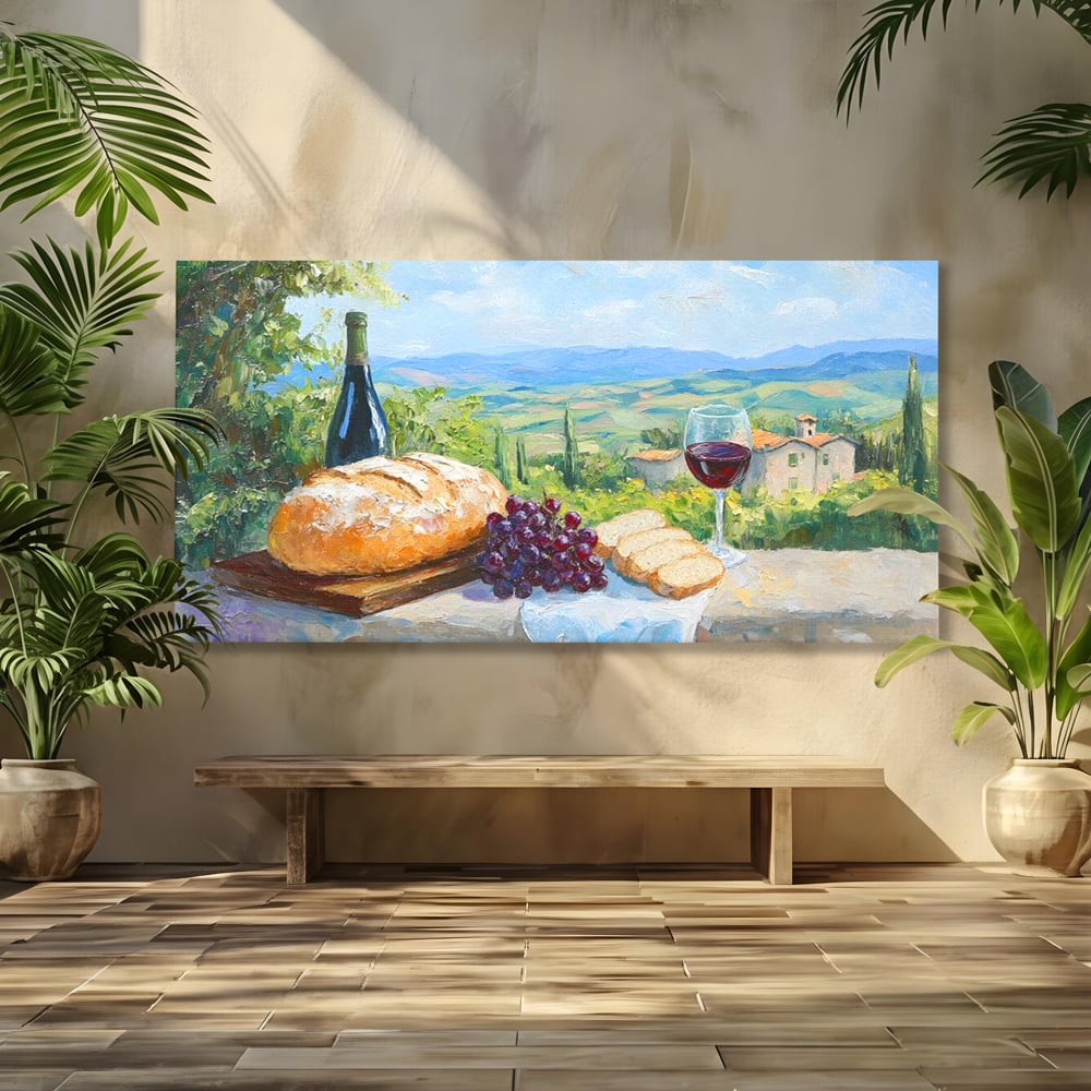 Tablou Canvas Premium, LuxCanva® N1005, Traditie si Gust, Rustic, Struguri, Paine, Vin Rosu, Sticla, Priveliste, Natura, Traditional, Mancare, Restaurant, Bucatarie