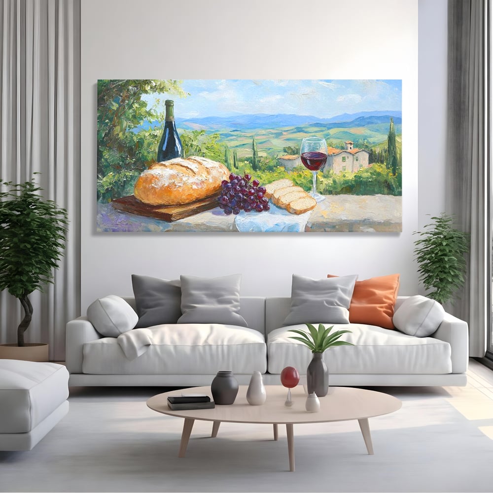 Tablou Canvas Premium, LuxCanva® N1005, Traditie si Gust, Rustic, Struguri, Paine, Vin Rosu, Sticla, Priveliste, Natura, Traditional, Mancare, Restaurant, Bucatarie