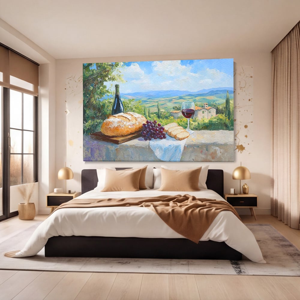 Tablou Canvas Premium, LuxCanva® N1005, Traditie si Gust, Rustic, Struguri, Paine, Vin Rosu, Sticla, Priveliste, Natura, Traditional, Mancare, Restaurant, Bucatarie