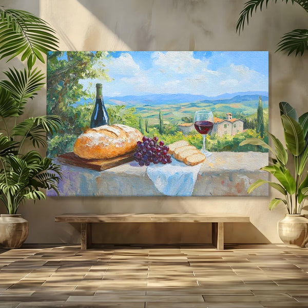 Tablou Canvas Premium, LuxCanva® N1005, Traditie si Gust, Rustic, Struguri, Paine, Vin Rosu, Sticla, Priveliste, Natura, Traditional, Mancare, Restaurant, Bucatarie