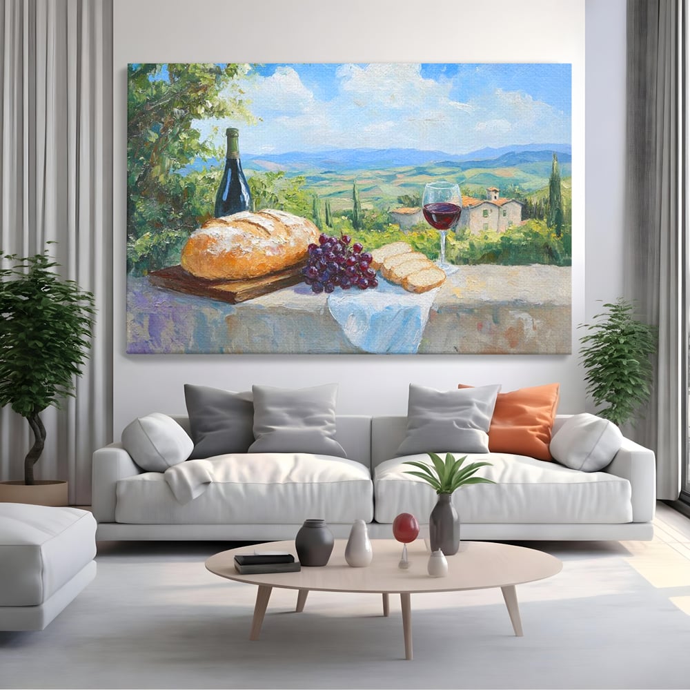 Tablou Canvas Premium, LuxCanva® N1005, Traditie si Gust, Rustic, Struguri, Paine, Vin Rosu, Sticla, Priveliste, Natura, Traditional, Mancare, Restaurant, Bucatarie