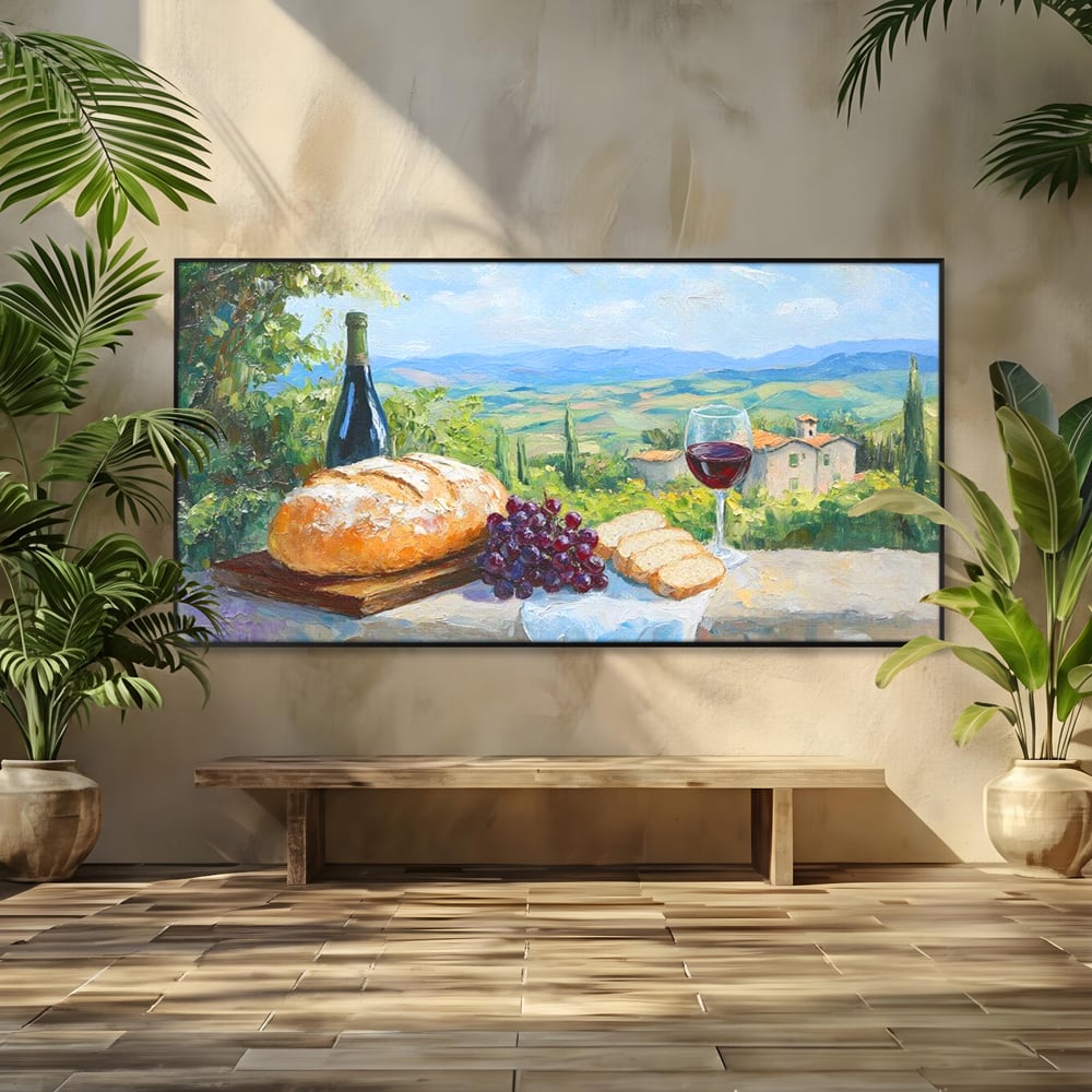 Tablou Canvas Premium, LuxCanva® N1005, Traditie si Gust, Rustic, Struguri, Paine, Vin Rosu, Sticla, Priveliste, Natura, Traditional, Mancare, Restaurant, Bucatarie