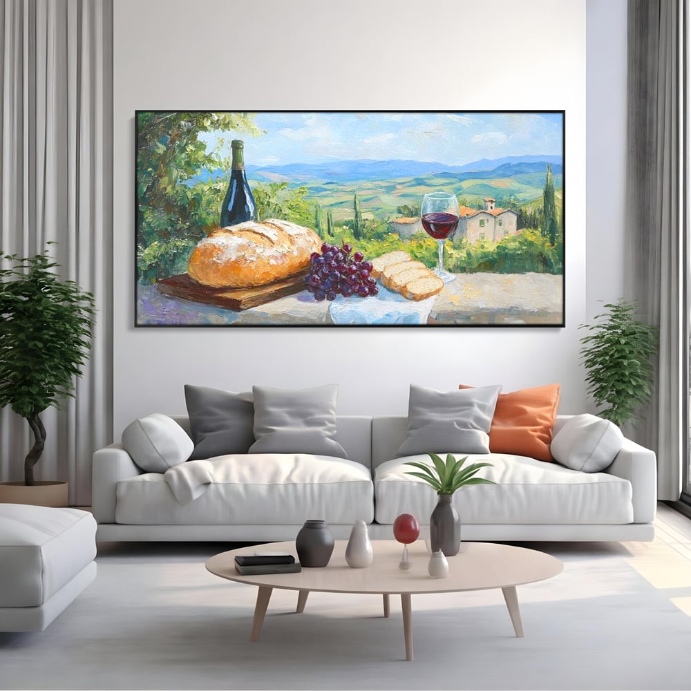 Tablou Canvas Premium, LuxCanva® N1005, Traditie si Gust, Rustic, Struguri, Paine, Vin Rosu, Sticla, Priveliste, Natura, Traditional, Mancare, Restaurant, Bucatarie